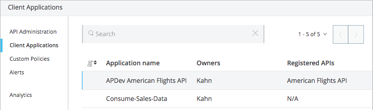 Client applications list with application names and access status
