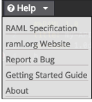 Help menu with links to API Designer documentation and bug reporting
