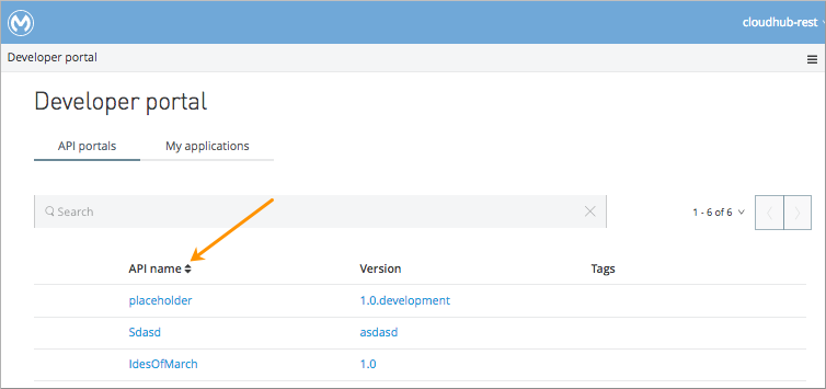 Developer portal interface showing list of API portals with search and sort options