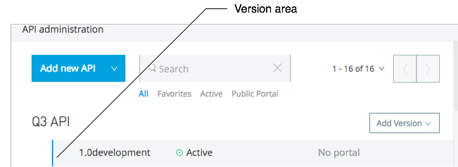 API Administration page showing list of APIs with version details and management controls