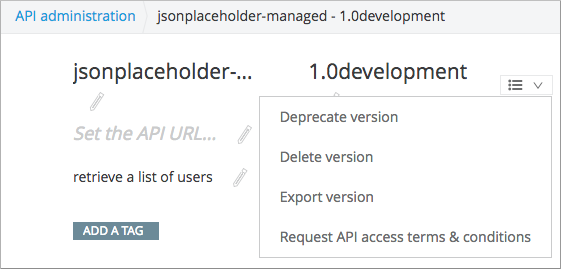 API version management interface with deprecation controls and version lifecycle options
