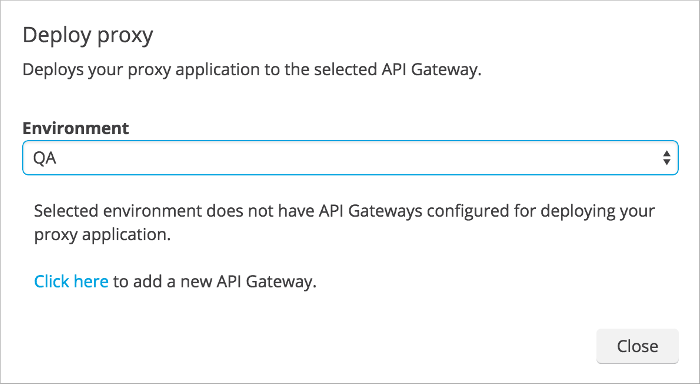 Runtime Manager interface showing no registered API Gateway servers available