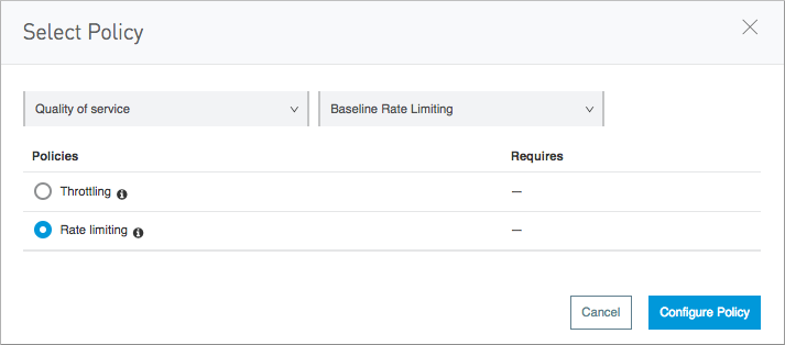Policy filter interface showing category selection and protection level requirements